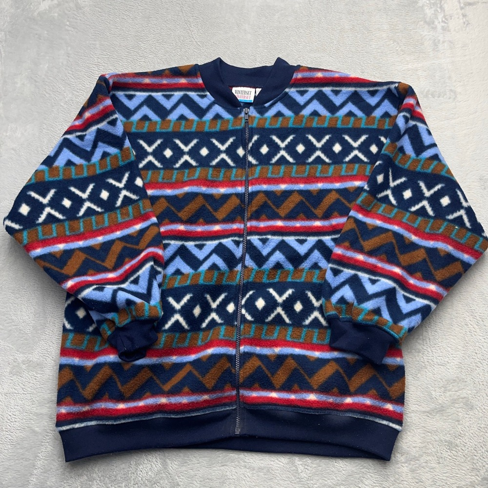 WINTERSET Fleece Bomber Jacket Mens Medium Blue Brown Soft Cozy Geometric Print